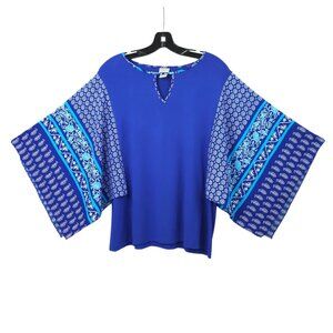 Chicos Pullover Top Womens 2 US L Paisley Handkerchief Batwing Sleeve Keyhole